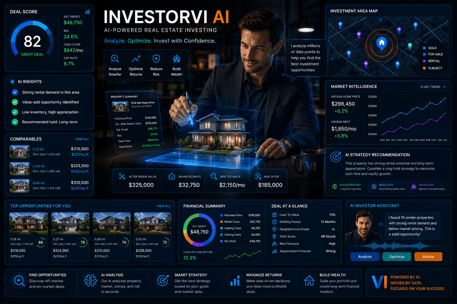 InvestorVI AI rendered as a professional investment consultant reviewing holographic real estate data — deal score, market intelligence, comparable sales, and ROI projections