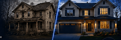 Before and after renovation comparison: the full distressed house on the left, the same property fully renovated on the right
