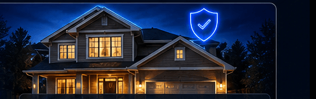 Complete suburban home exterior at dusk with warm interior lighting and a glowing security shield graphic